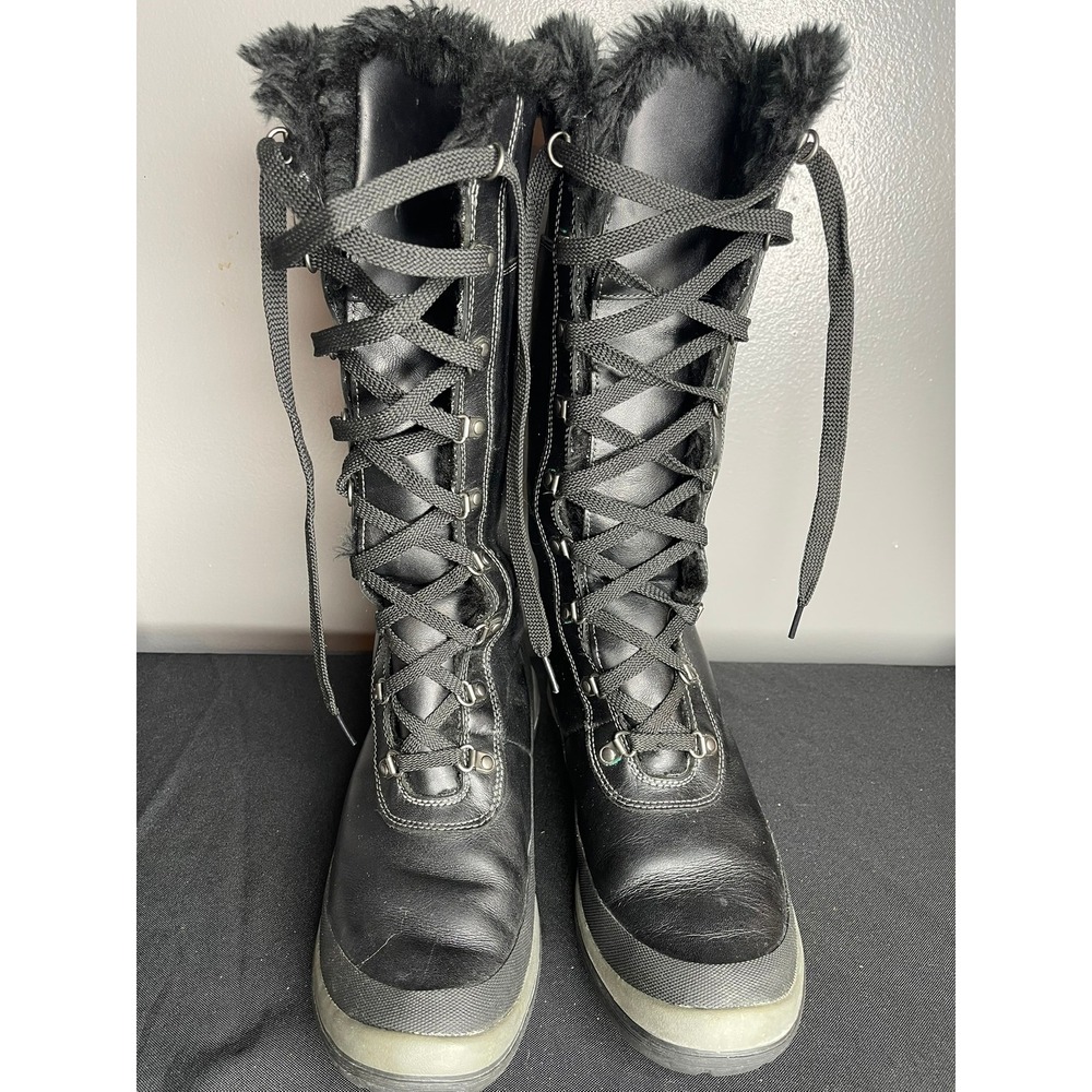 Timberland Womens Black Leather Tall Lace Up Winter Boots Faux Fur Trim Size 9M